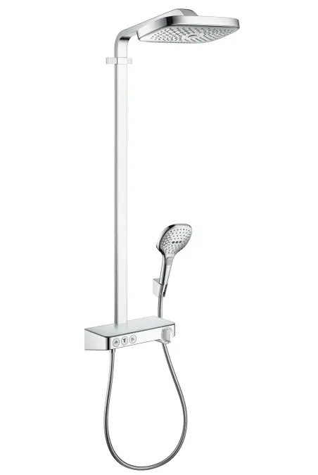 Hansgrohe Raindance Select E - dušas sistēma Showerpipe 300 ar termostata maisītāju ShowerTablet Select, EcoSmart 9 l/min, 3 strūklas, hromēts 27127000