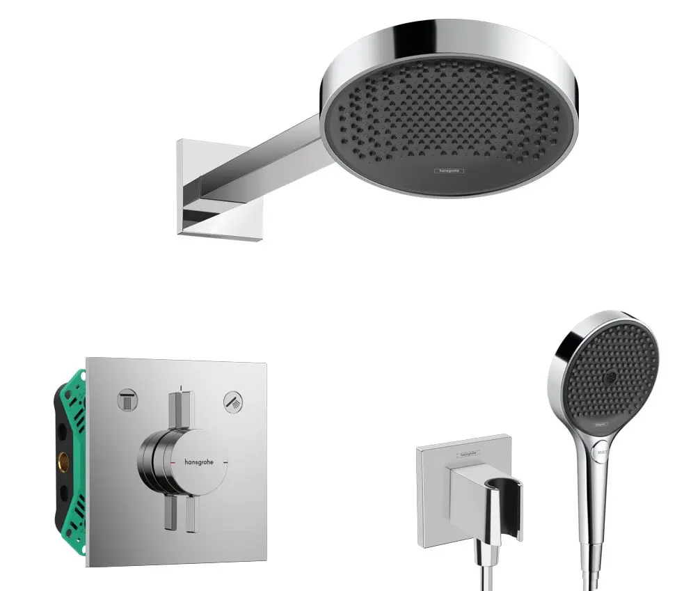 Hansgrohe - dušas komplekts ar zemapmetuma maisītāju, ar montāžas korpusu, diametrs 25 cm, 3 strūklas veidi, hroms SANI21HHH005