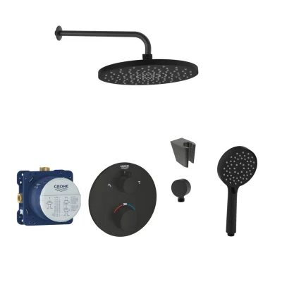 Grohe/Kielle - dušas komplekts ar termostatu un zemapmetuma montāžas korpusu, matēti melns SANI21GKK404