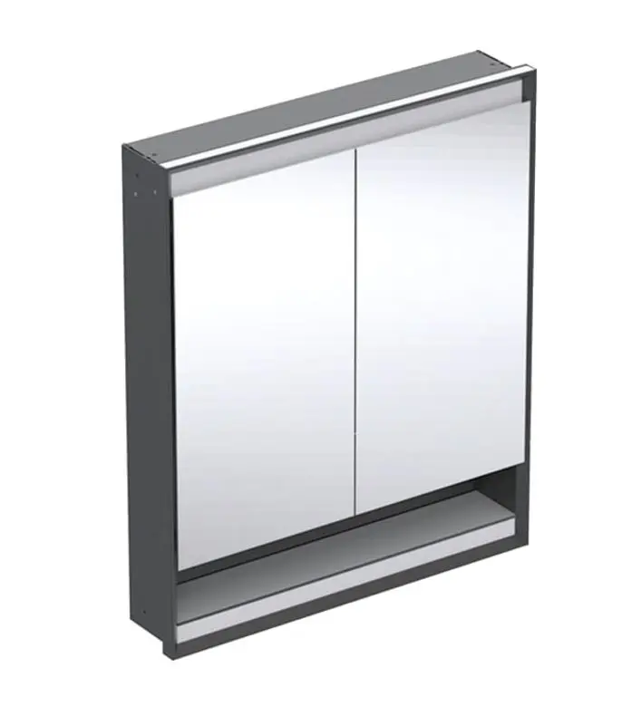 Geberit ONE - spoguļskapis ar LED apgaismojumu, 75x90x15 cm, 2 durvis, ar nišu, iebūvējams, melns matēts 505.822.00.7