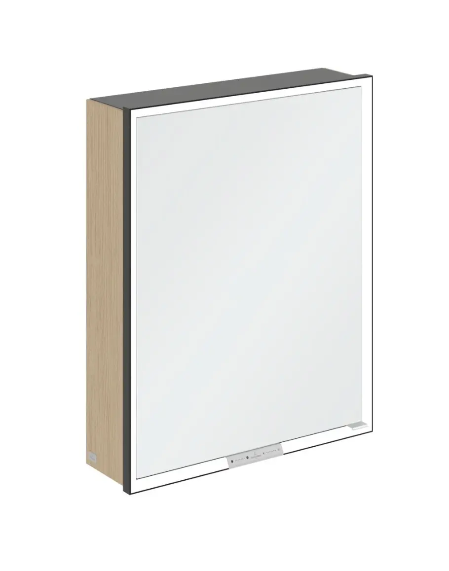 Villeroy & Boch My View+ - spoguļskapītis ar LED apgaismojumu 60x75x17 cm, 1 durvis, eņģes kreisajā pusē, Nordic Oak/Matēti melns B4816LVJ