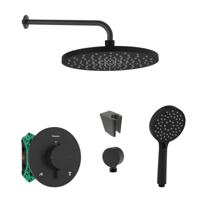 Hansgrohe/Kielle - dušas komplekts ar termostatu un zemapmetuma montāžas korpusu, matēti melns SANI21HKK412