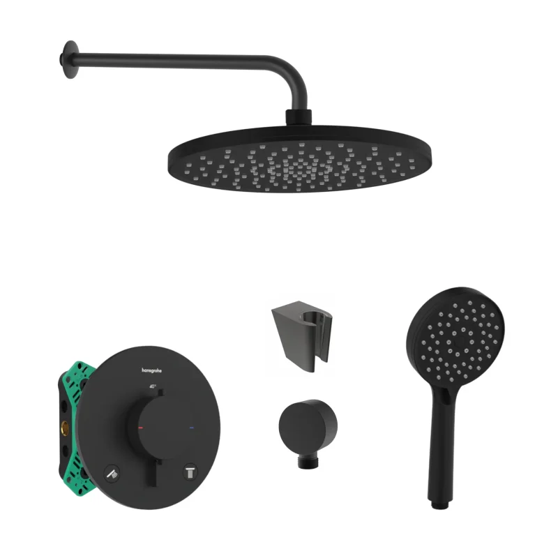 Hansgrohe/Kielle - dušas komplekts ar termostatu un zemapmetuma montāžas korpusu, matēti melns SANI21HKK412