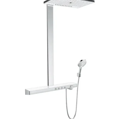Hansgrohe Rainmaker Select - dušas sistēma Showerpipe 460 ar termostata maisītāju, 3 strūklas, EcoSmart 9 l/min, balta / hromēta 27029400
