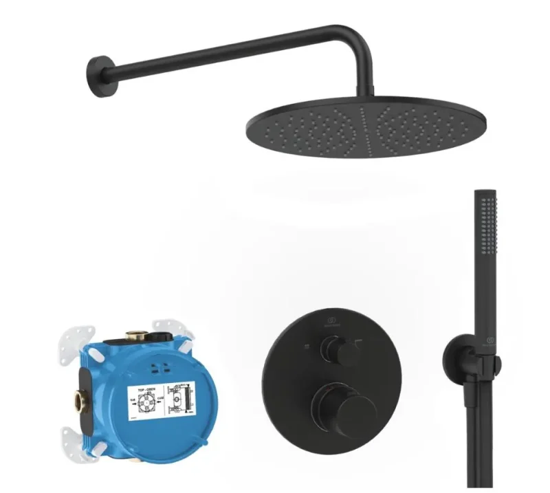 Ideal Standard CeraTherm - dušas komplekts ar zemapmetuma termostatu, ar montāžas korpusu, diametrs 30 cm, matēti melns A7573XG