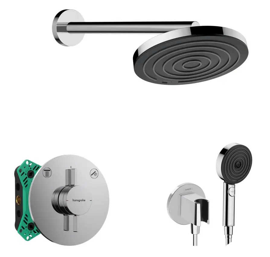 Hansgrohe - dušas komplekts ar zemapmetuma maisītāju, ar montāžas korpusu, diametrs 26 cm, 3 strūklas veidi, hroms SANI21HHH000