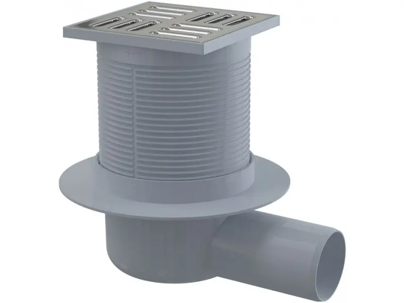 Alcadrain vannas istabas notekas - grīdas noteka, sānu, 11x11 cm, diametrs 5 cm, nerūsējošais tērauds/plastmasa APV1