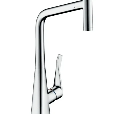Hansgrohe Metris New - virtuves izlietnes vienas sviras maisītājs 320 ar izvelkamu trauku dušu, hromēts 14820000