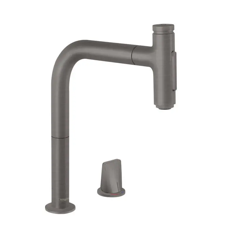 Hansgrohe M71 - virtuves izlietnes maisītājs M7120-H200 ar izvelkamu trauku dušu, 2 caurumu montāža, sBOX, melni hromēts matēts 73818340