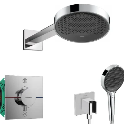 Hansgrohe - dušas komplekts ar zemapmetuma termostatu, ar montāžas korpusu, diametrs 25 cm, 3 strūklas veidi, hroms SANI21HHH007