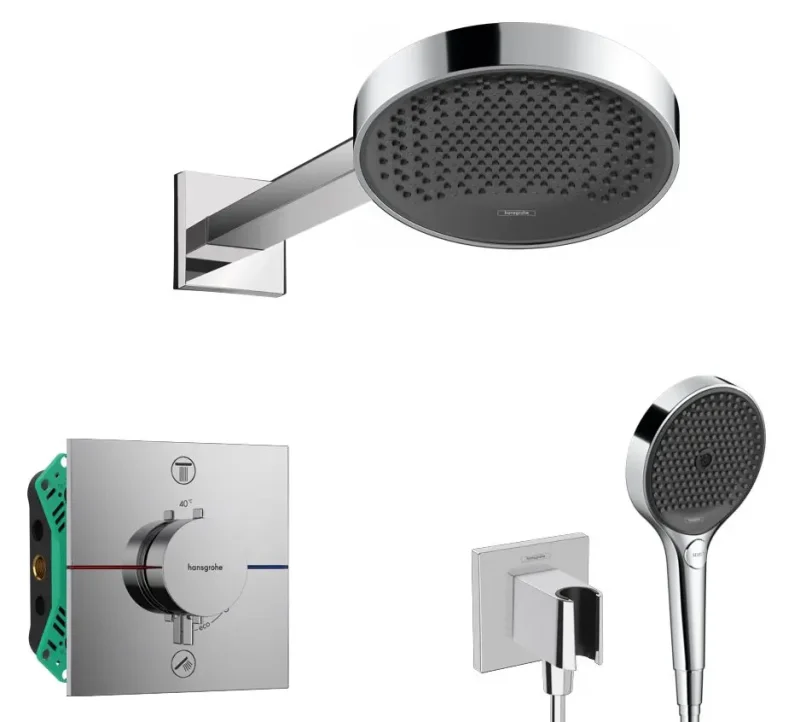 Hansgrohe - dušas komplekts ar zemapmetuma termostatu, ar montāžas korpusu, diametrs 25 cm, 3 strūklas veidi, hroms SANI21HHH007