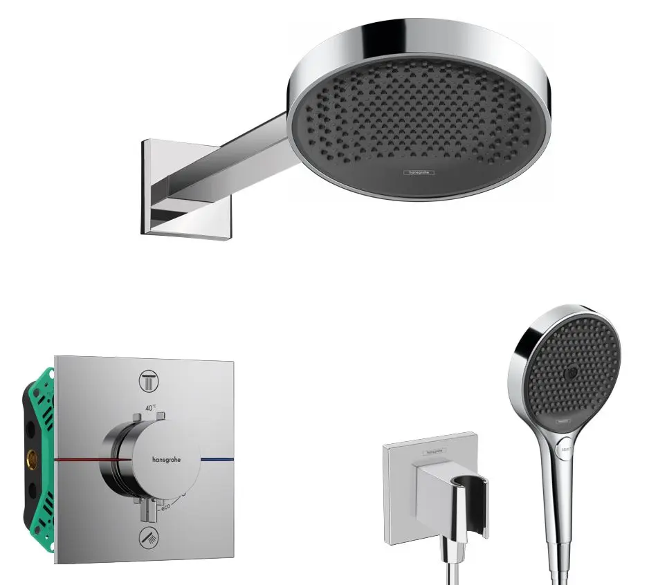 Hansgrohe - dušas komplekts ar zemapmetuma termostatu, ar montāžas korpusu, diametrs 25 cm, 3 strūklas veidi, hroms SANI21HHH007