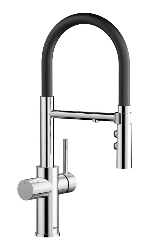 Blanco Catris S - virtuves izlietnes maisītājs ar filtrēšanas funkciju un elastīgu sviru, hroms/melns 526705