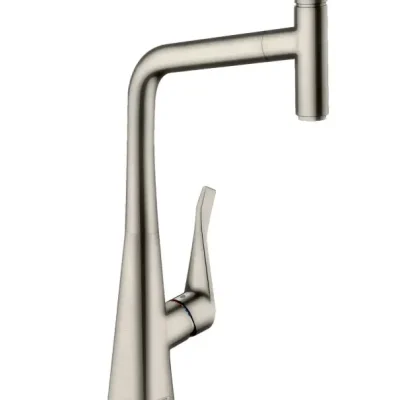 Hansgrohe Metris Select - virtuves izlietnes vienas sviras maisītājs 320 ar izvelkamu izteku, nerūsējošais tērauds 14884800