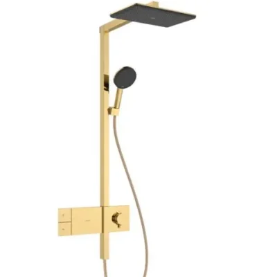 Hansgrohe Raindance Alive Q - dušas komplekts ar termostatu, 21x34 cm, 3 strūklas veidi, pulēta zelta apdare 24580990