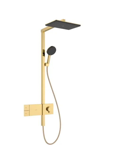 Hansgrohe Raindance Alive Q - dušas komplekts ar termostatu, 21x34 cm, 3 strūklas veidi, pulēta zelta apdare 24580990