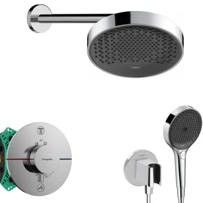 Hansgrohe - dušas komplekts ar zemapmetuma termostatu, ar montāžas korpusu, diametrs 25 cm, 3 strūklas veidi, hroms SANI21HHH006