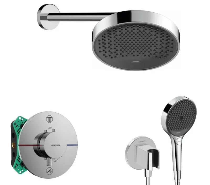 Hansgrohe - dušas komplekts ar zemapmetuma termostatu, ar montāžas korpusu, diametrs 25 cm, 3 strūklas veidi, hroms SANI21HHH006