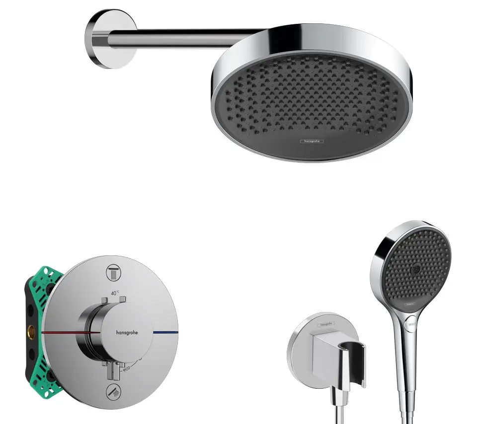 Hansgrohe - dušas komplekts ar zemapmetuma termostatu, ar montāžas korpusu, diametrs 25 cm, 3 strūklas veidi, hroms SANI21HHH006