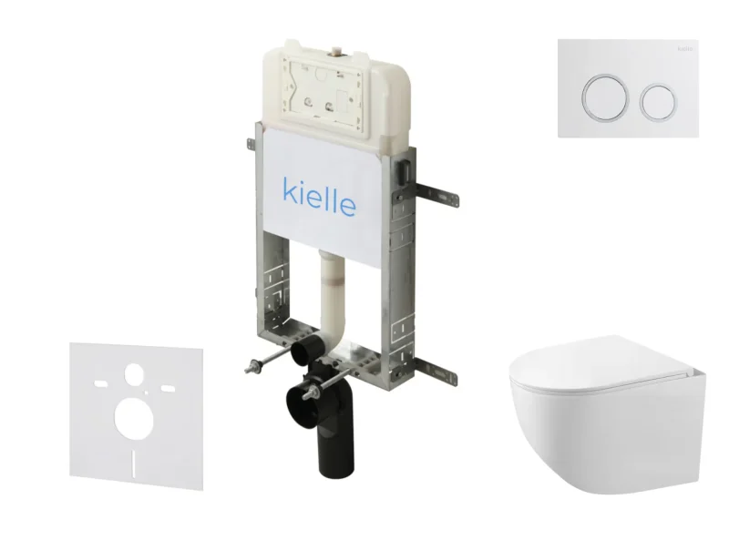 kielle Genesis New - komplekts priekšsienas montāžai, kompaktais WC Gaia, Rimless, Softclose sēdeklis un vadības plate Gemini New II, spīdīgi balts 30528SZ85