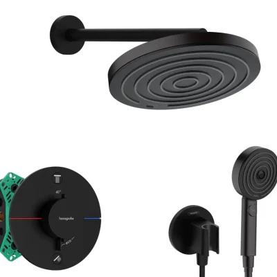 Hansgrohe - dušas komplekts ar zemapmetuma termostatu, ar montāžas korpusu, diametrs 26 cm, 3 strūklas veidi, matēti melns SANI21HHH402