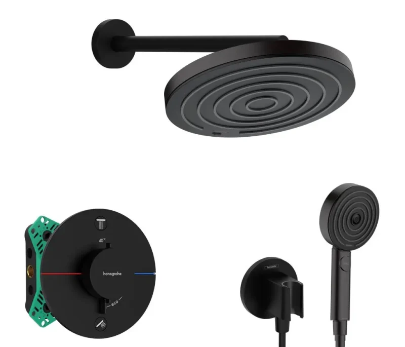 Hansgrohe - dušas komplekts ar zemapmetuma termostatu, ar montāžas korpusu, diametrs 26 cm, 3 strūklas veidi, matēti melns SANI21HHH402