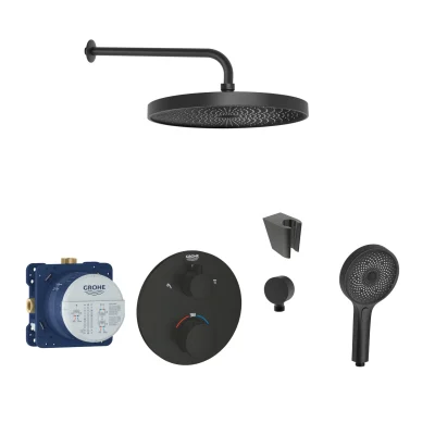 Grohe/Kielle - dušas komplekts ar termostatu un zemapmetuma montāžas korpusu, matēti melns SANI21GKK403