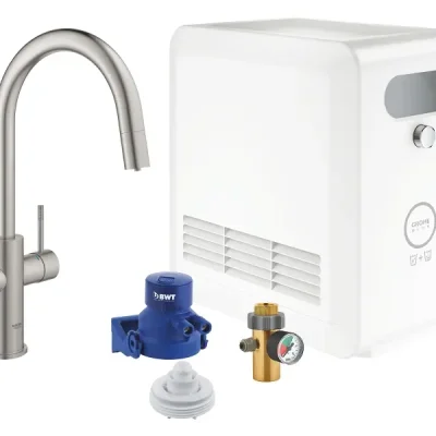 Grohe Blue Professional - virtuves izlietnes maisītājs Connected, ar dzesēšanas iekārtu un ūdens filtru, izvelkama trauku duša, SuperSteel 31325DC2