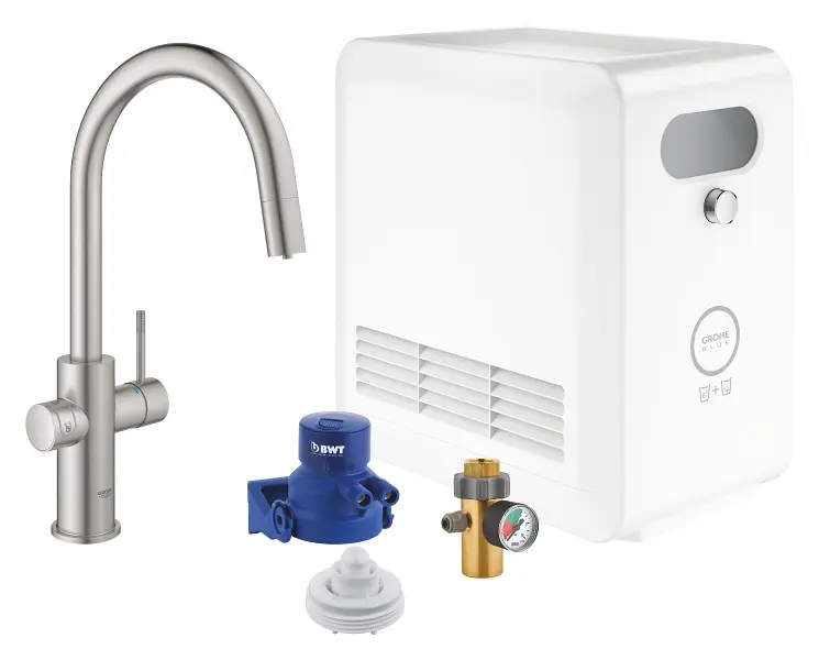 Grohe Blue Professional - virtuves izlietnes maisītājs Connected, ar dzesēšanas iekārtu un ūdens filtru, izvelkama trauku duša, SuperSteel 31325DC2