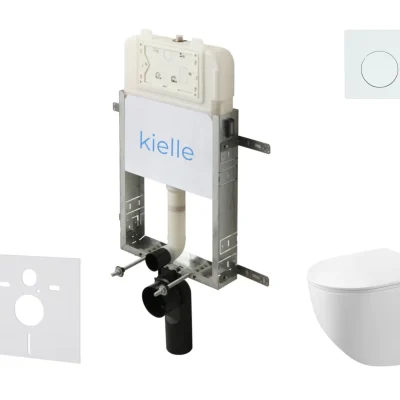 kielle Genesis New - komplekts priekšsienas montāžai, kompaktais WC Gaia, Rimless, Softclose sēdeklis un vadības plate Gemini New I, spīdīgi balts 30528SZ82