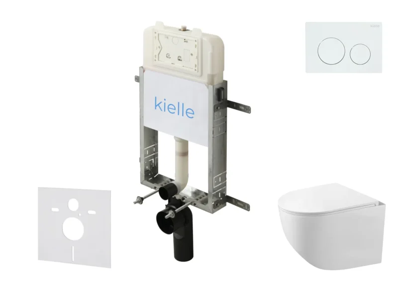 kielle Genesis New - komplekts priekšsienas montāžai, kompaktais WC Gaia, Rimless, Softclose sēdeklis un vadības plate Gemini New I, spīdīgi balts 30528SZ82