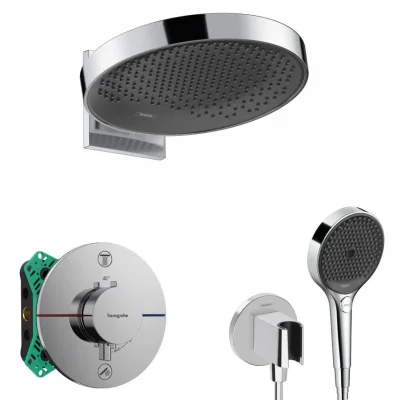 Hansgrohe - dušas komplekts ar zemapmetuma termostatu, ar montāžas korpusu, diametrs 36 cm, 3 strūklas veidi, hroms SANI21HHH010