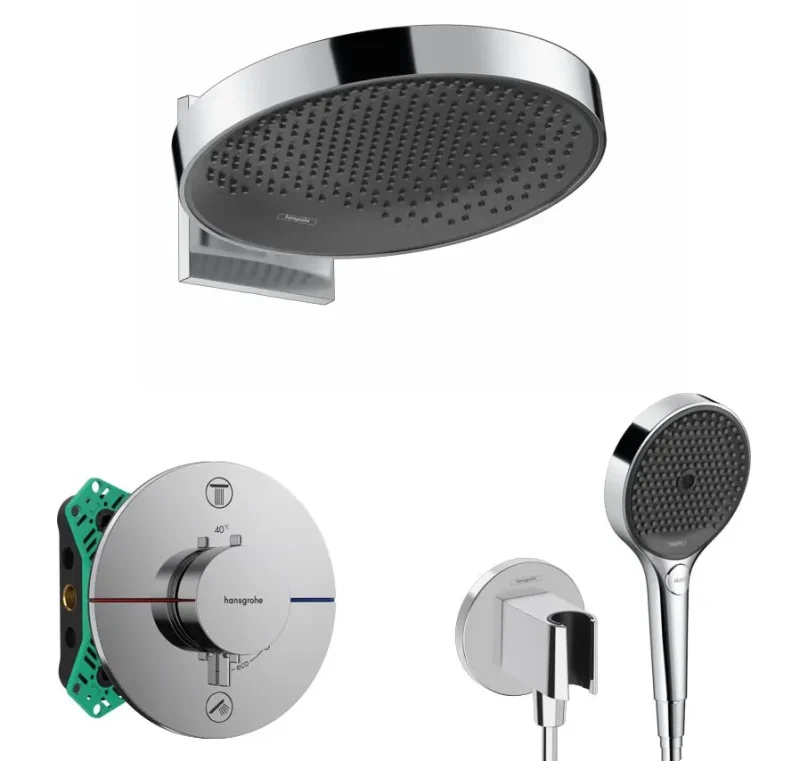 Hansgrohe - dušas komplekts ar zemapmetuma termostatu, ar montāžas korpusu, diametrs 36 cm, 3 strūklas veidi, hroms SANI21HHH010