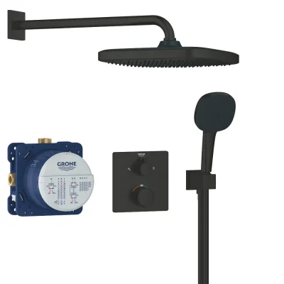 Grohe - dušas komplekts ar zemapmetuma termostatu, ar montāžas korpusu, 25x25 cm, 2 strūklas veidi, matēti melns 348822430