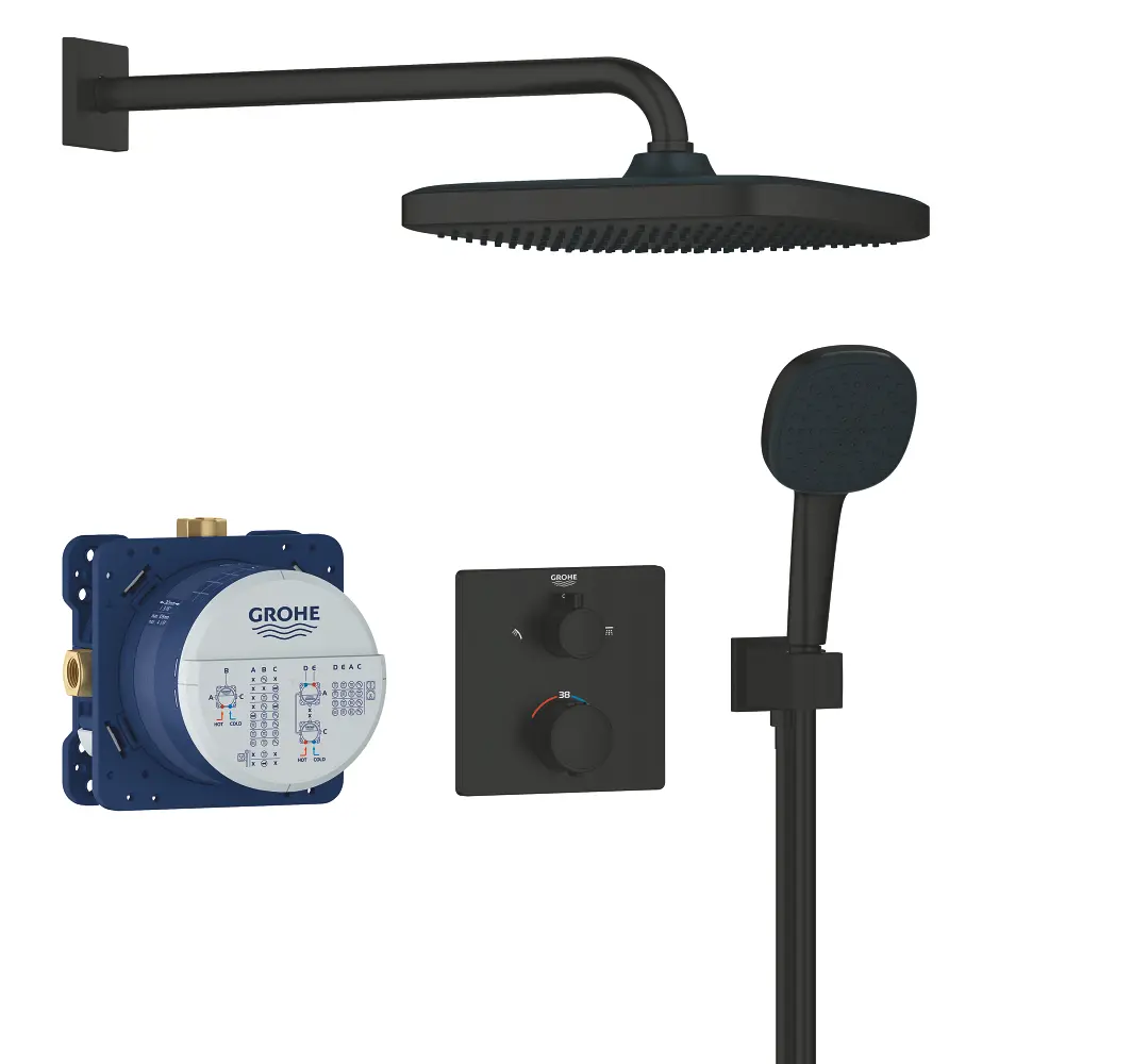 Grohe - dušas komplekts ar zemapmetuma termostatu, ar montāžas korpusu, 25x25 cm, 2 strūklas veidi, matēti melns 348822430