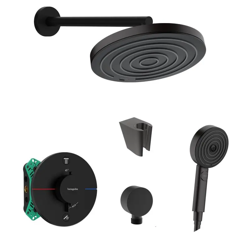 Hansgrohe/Kielle - dušas komplekts ar zemapmetuma termostatu un montāžas korpusu, matēti melns SANI21HHK402