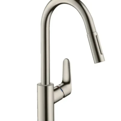 Hansgrohe Focus M41 - virtuves izlietnes vienas sviras maisītājs 240 ar izvelkamu trauku dušu, nerūsējošais tērauds 31815800