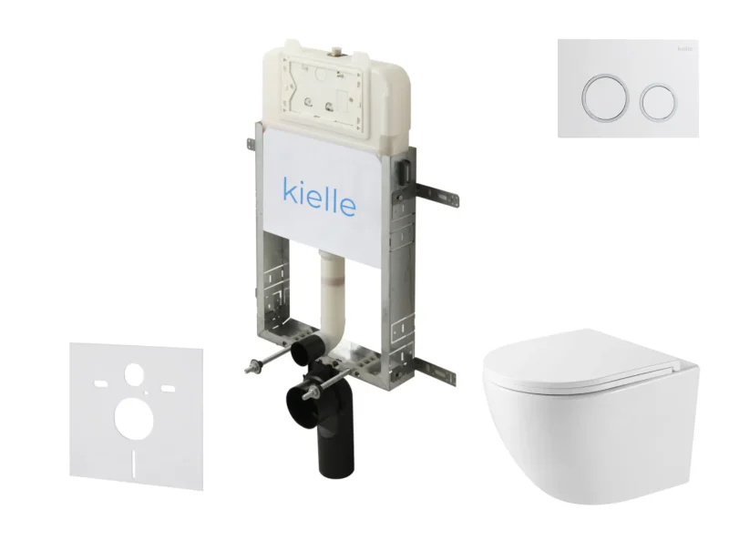 kielle Genesis New - komplekts priekšsienas uzstādīšanai, kompaktais WC Oudee, Vortex Rimless+, Softclose sēdeklis un vadības plate Gemini New II, spīdīgi balts/hroms 30528SZ40