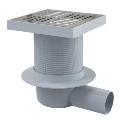 Alcadrain vannas istabas notekas - sānu grīdas noteka 15x15 cm, diametrs 5 cm, ūdens smaku aizturētājs, nerūsējošais tērauds/plastmasa APV5411