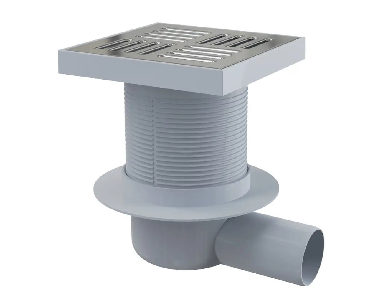 Alcadrain vannas istabas notekas - sānu grīdas noteka 15x15 cm, diametrs 5 cm, ūdens smaku aizturētājs, nerūsējošais tērauds/plastmasa APV5411