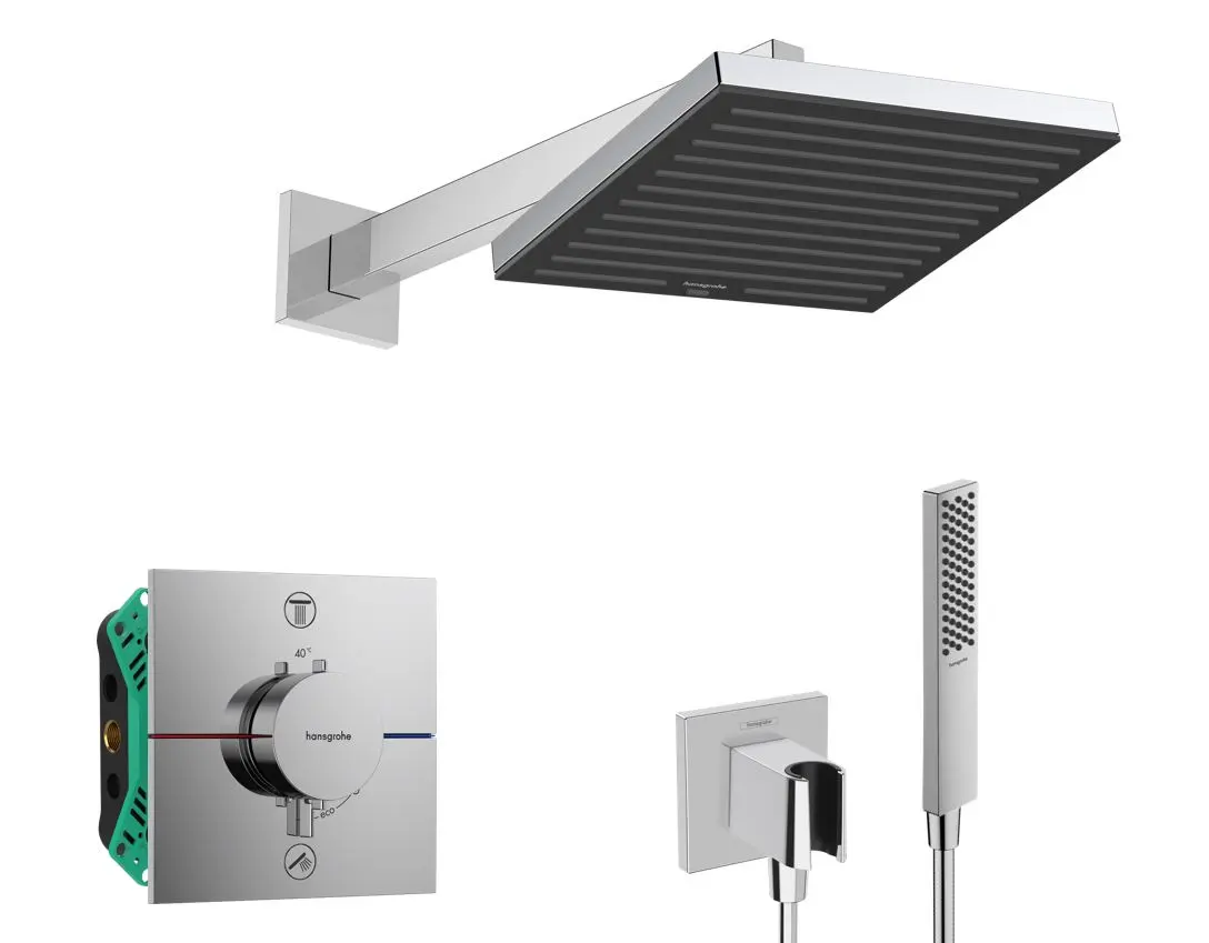 Hansgrohe - dušas komplekts ar zemapmetuma termostatu, ar montāžas korpusu, 26x26 cm, hroms SANI21HHH003