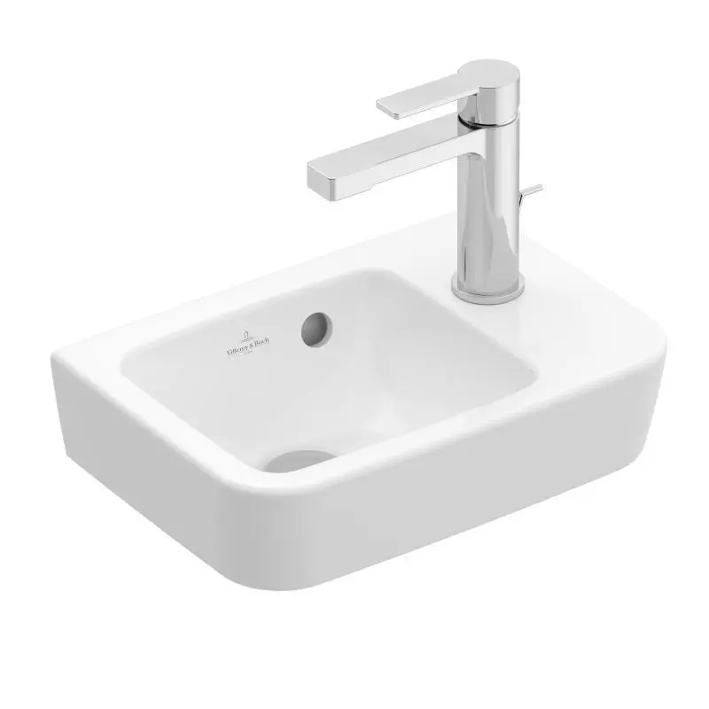 Villeroy & Boch O.novo - roku mazgājamā izlietne Compact 36x25 cm, ar pārplūdi, 1 jaucējkrāna caurums labajā pusē, CeramicPlus, Alpu balts 434336R1