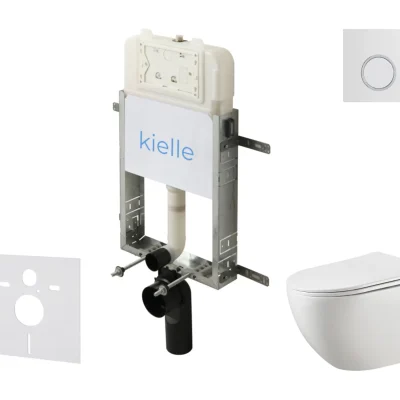 kielle Genesis New - komplekts ar priekšsienas montāžu, WC Gaia, Rimless, Softclose sēdeklis un vadības plate Gemini New II, spīdīgi balts/hroms 30528SZ13
