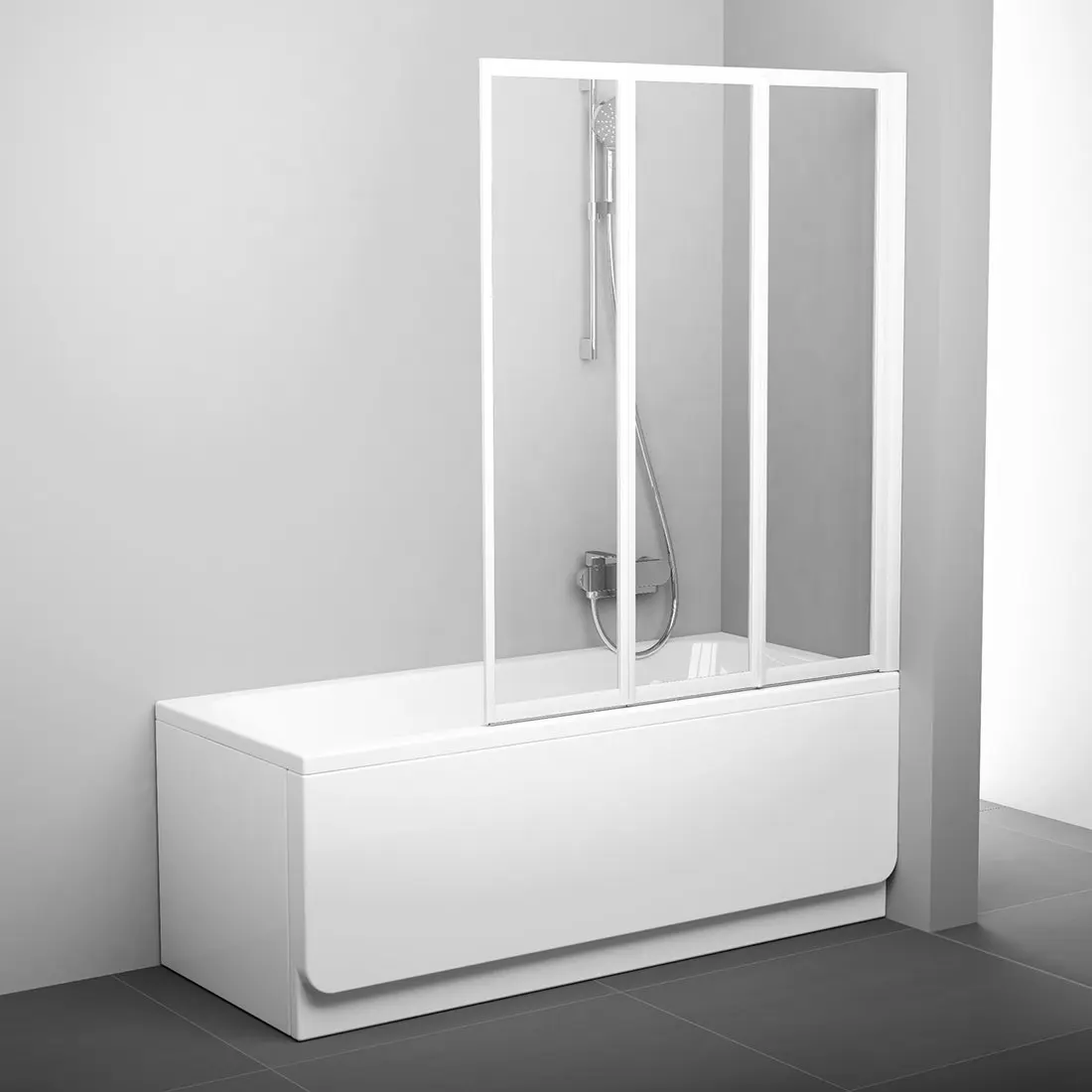 Ravak Supernova - Salokāms trīsdaļīgs vannas aizsargs VS3 115, 115x140 cm, balts/caurspīdīgs stikls 795S0100Z1