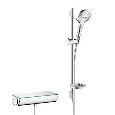 Hansgrohe Raindance Select E - dušas sistēma 120 ar termostata maisītāju Ecostat Select, 3 strūklas, balts / hromēts 27038400