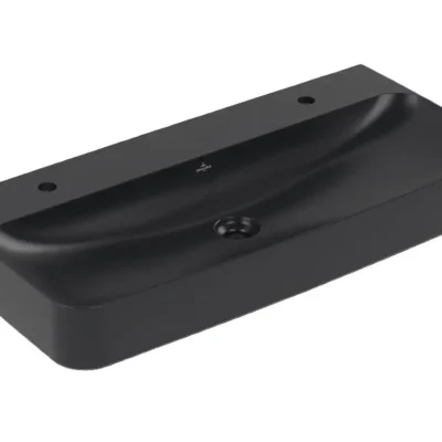 Villeroy & Boch Finion - dubultizlietne 100x47 cm, bez pārplūdes, 2 caurumi maisītājam, CeramicPlus, Pure Black 4168A1R7