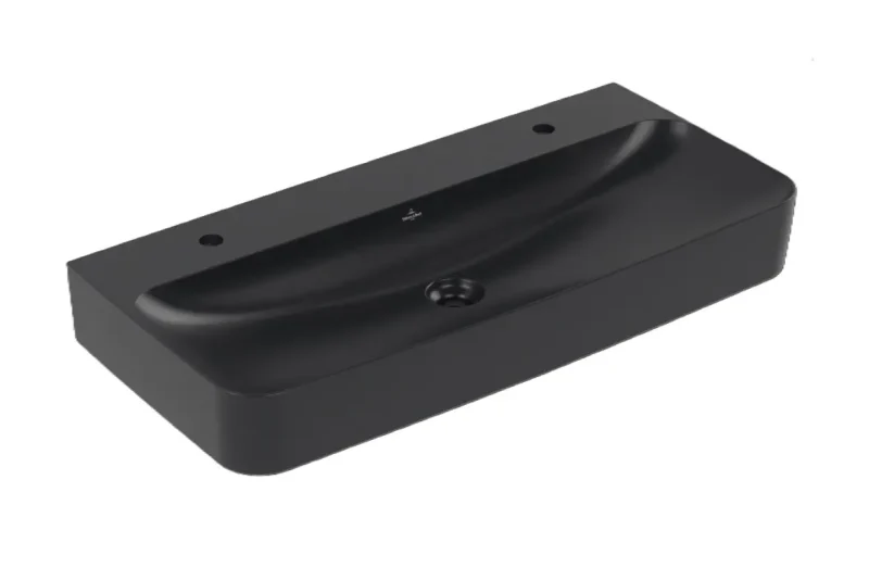 Villeroy & Boch Finion - dubultizlietne 100x47 cm, bez pārplūdes, 2 caurumi maisītājam, CeramicPlus, Pure Black 4168A1R7