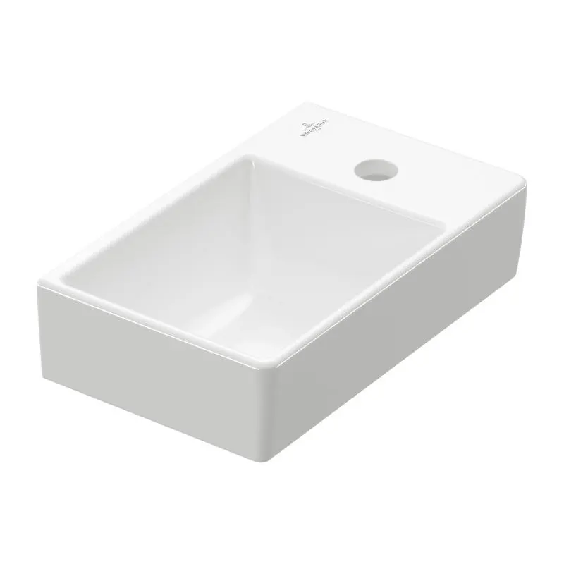 Villeroy & Boch Avento - rokas izlietne 36x22 cm, bez pārplūdes, ar jaucējkrāna atveri labajā pusē, CeramicPlus, Stone White 43003LRW