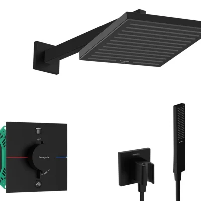 Hansgrohe - dušas komplekts ar zemapmetuma termostatu, ar montāžas korpusu, 26x26 cm, matēti melns SANI21HHH403