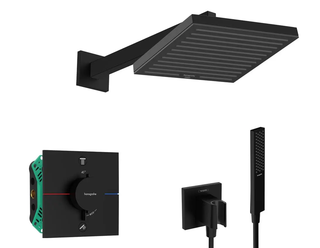 Hansgrohe - dušas komplekts ar zemapmetuma termostatu, ar montāžas korpusu, 26x26 cm, matēti melns SANI21HHH403